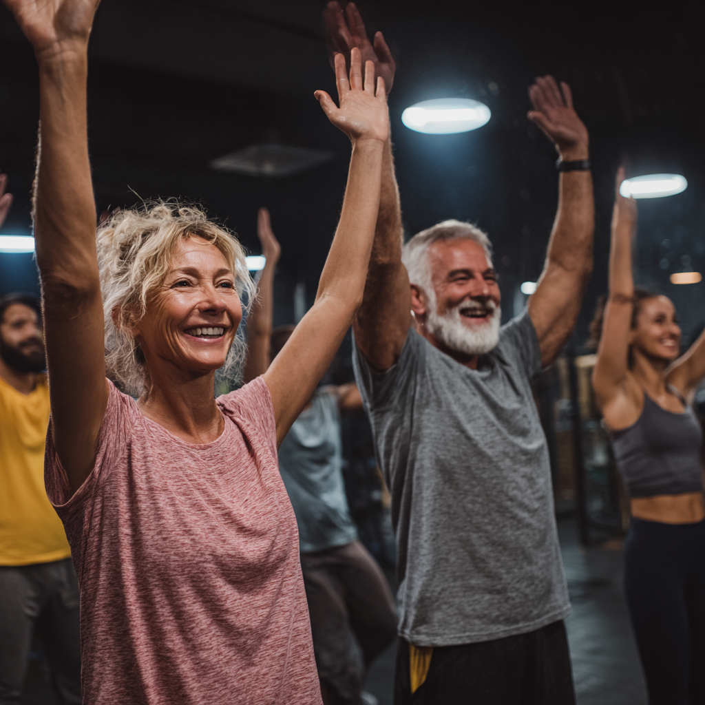 Група активних українських людей різного віку займається фітнесом в сучасному залі з металевими тренажерами, усі посміхаються та демонструють силу