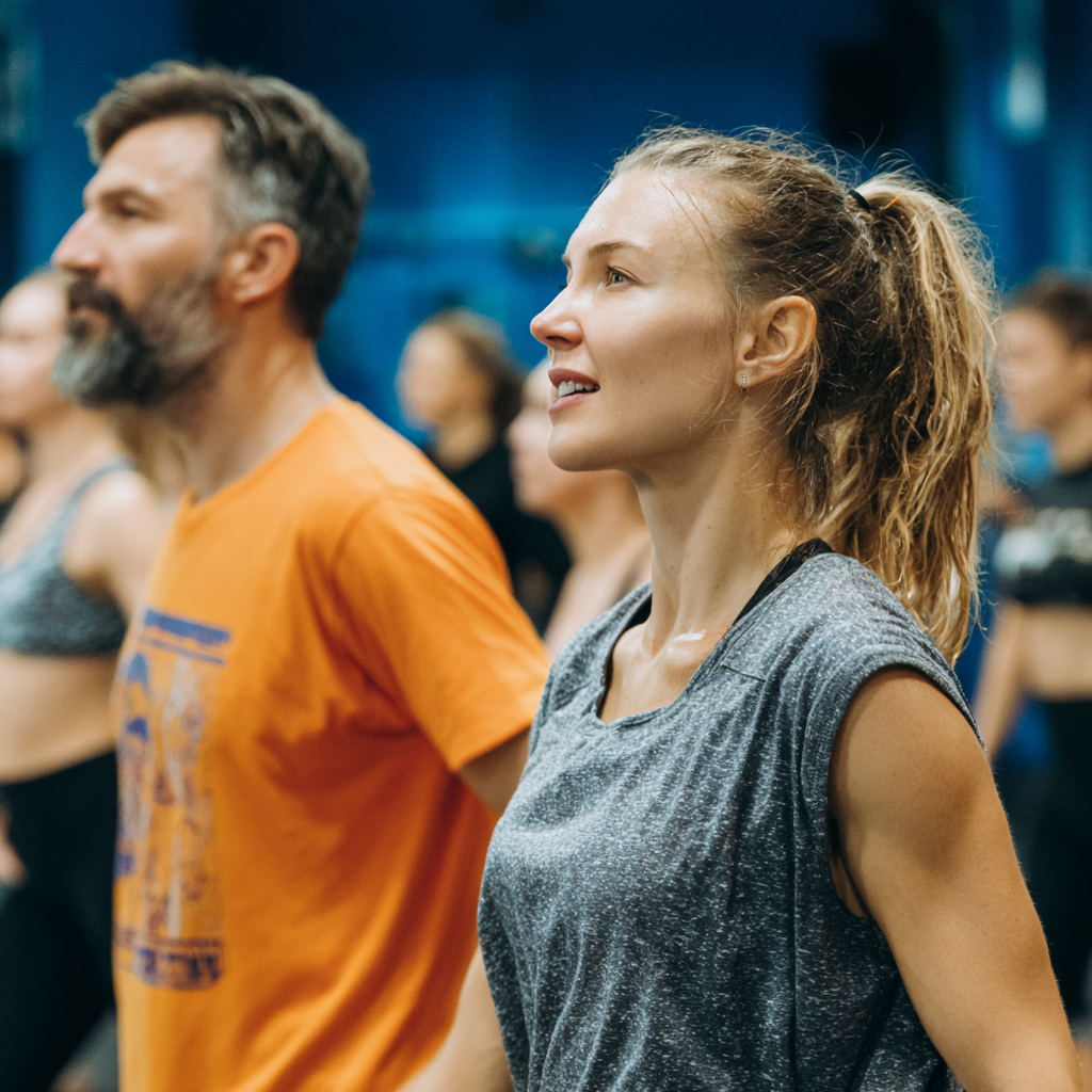 Український чоловік середнього віку виконує силові вправи з гантелями в добре освітленому фітнес-залі, посміхається та демонструє правильну техніку