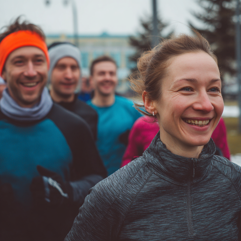 Українська жінка середнього віку займається на кардіо-тренажері в сучасному спортзалі, посміхається та виглядає енергійно та здорово